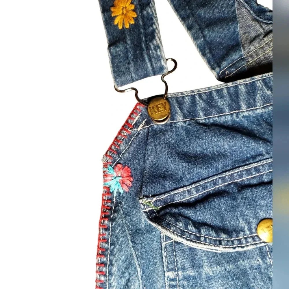 Boho Hippie Vintage Key Denim Floral Embroidered Crochet Over-Alls Maxi Dress - Picture 6 of 11